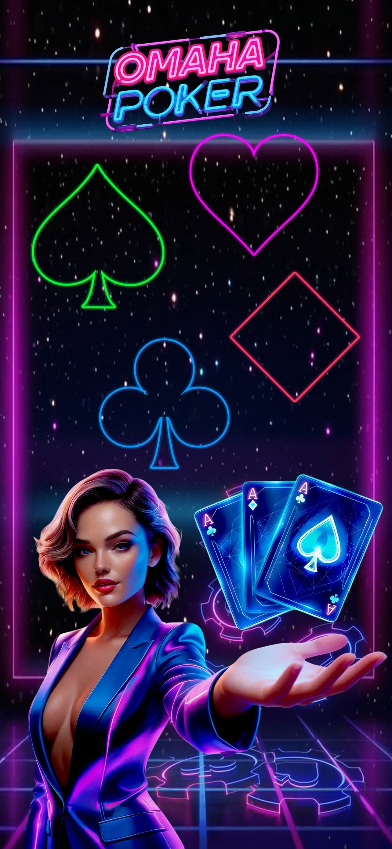 Omaha Poker welcome artwork with neon card suits and a player holding glowing cards.