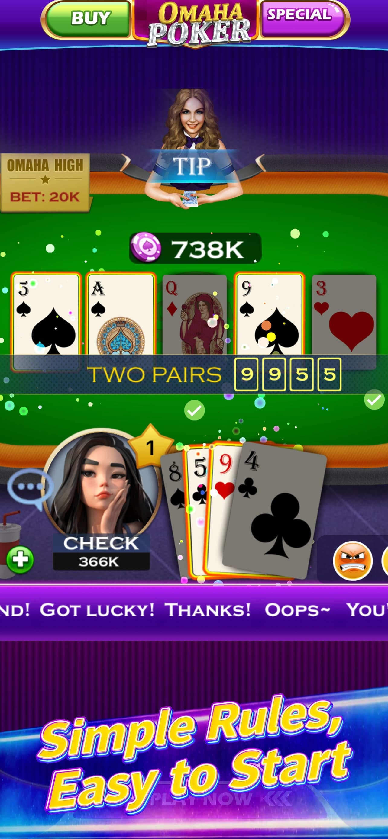 An Omaha Poker table showing four players, community cards, two pairs, and betting controls.