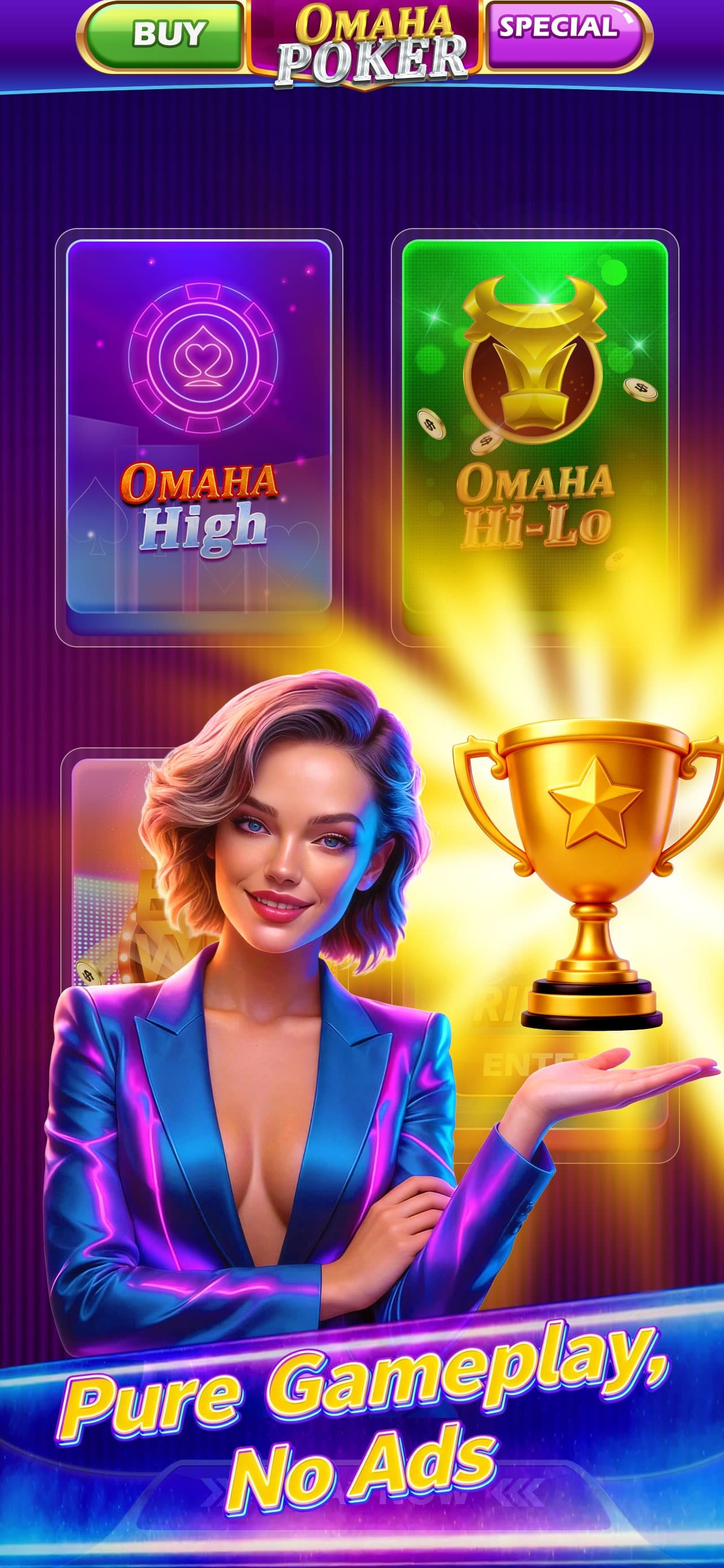 Omaha Poker mode selection for Omaha High and Omaha Hi-Lo beside a trophy.