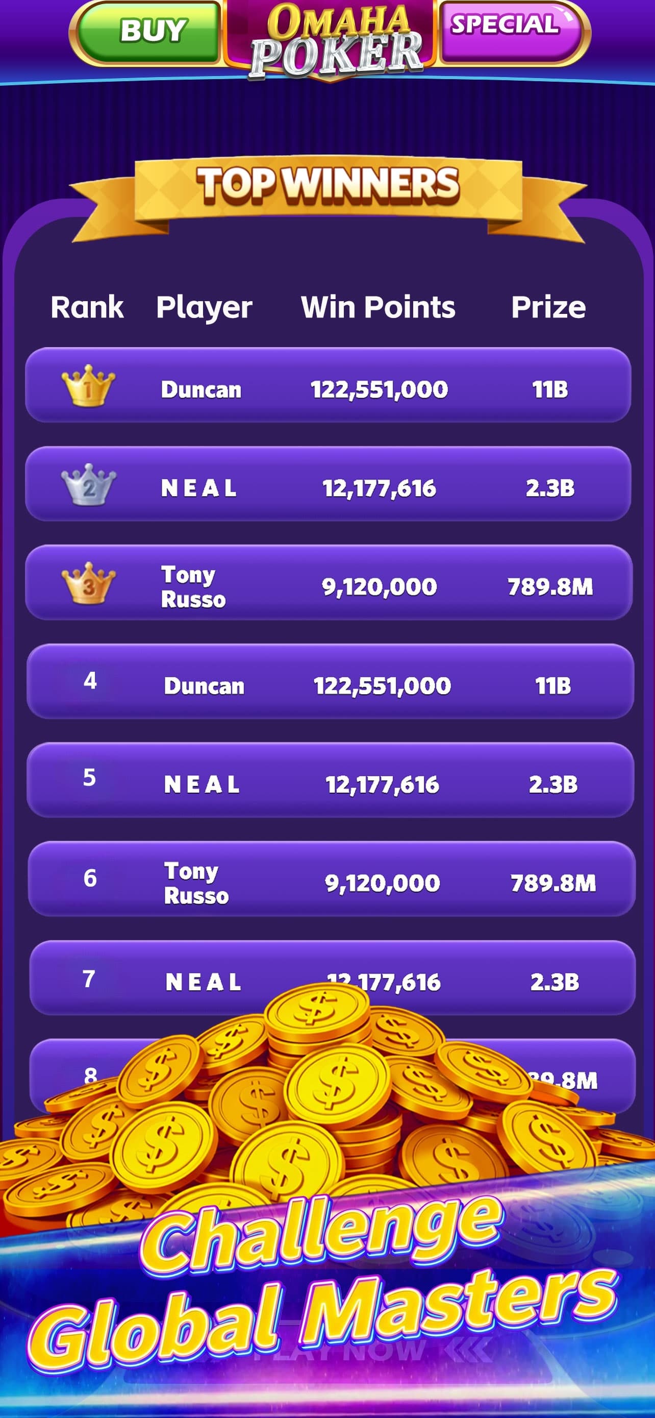 Omaha Poker Top Winners leaderboard with ranked players and virtual chip prizes.